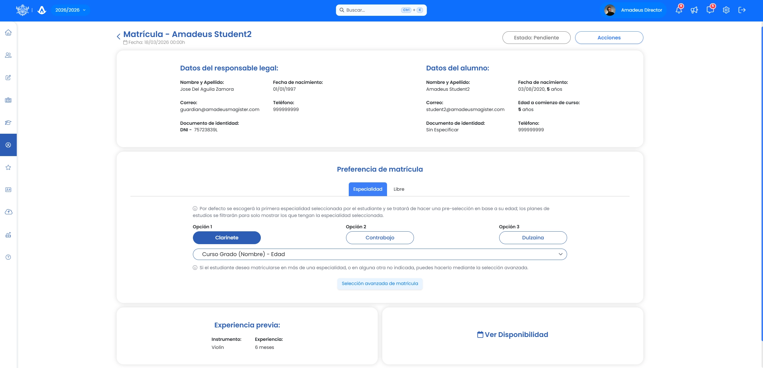 Formulario de solicitud de admisión online en Amadeus para escuelas de música