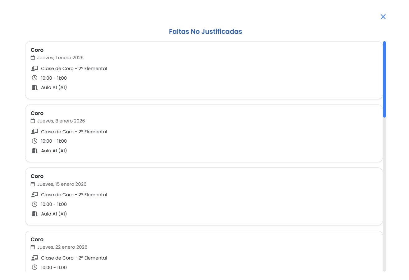 Notificación de falta de asistencia de Amadeus enviada a la familia del alumno