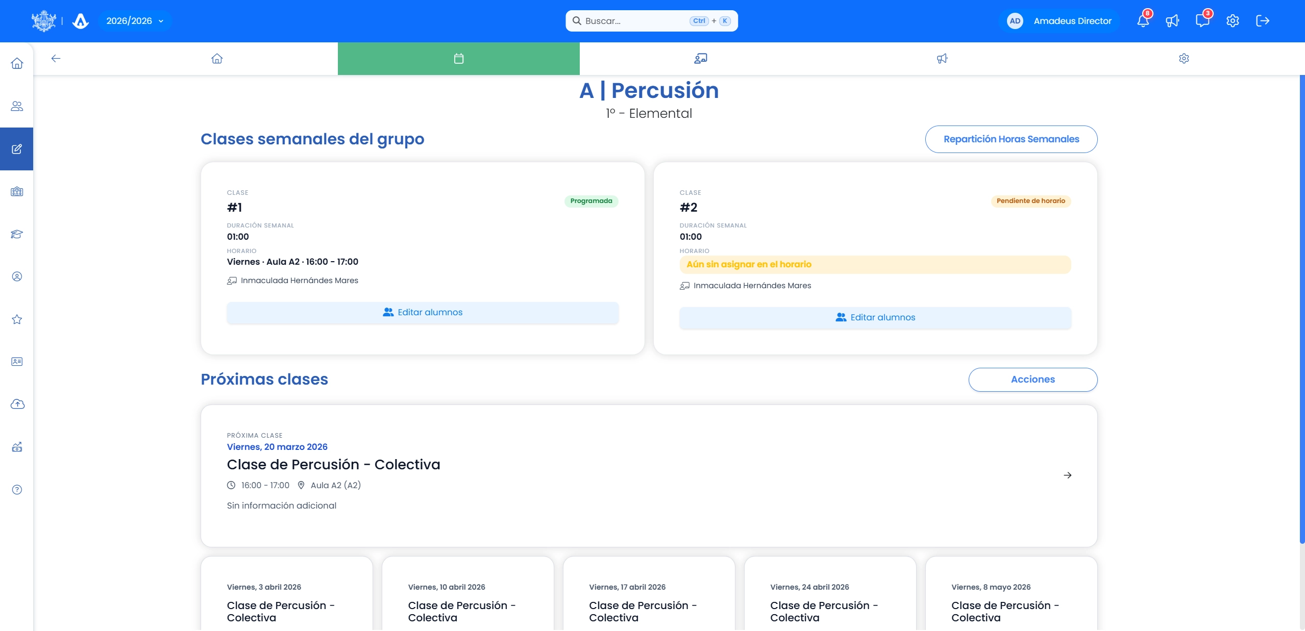 Asistente visual de creación de horarios en Amadeus con vista semanal y arrastrar y soltar