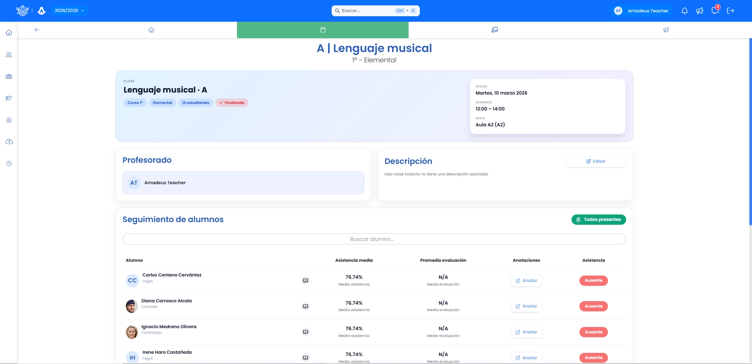 Vista del diario de clase digital de Amadeus con registro de sesiones y anotaciones del profesor