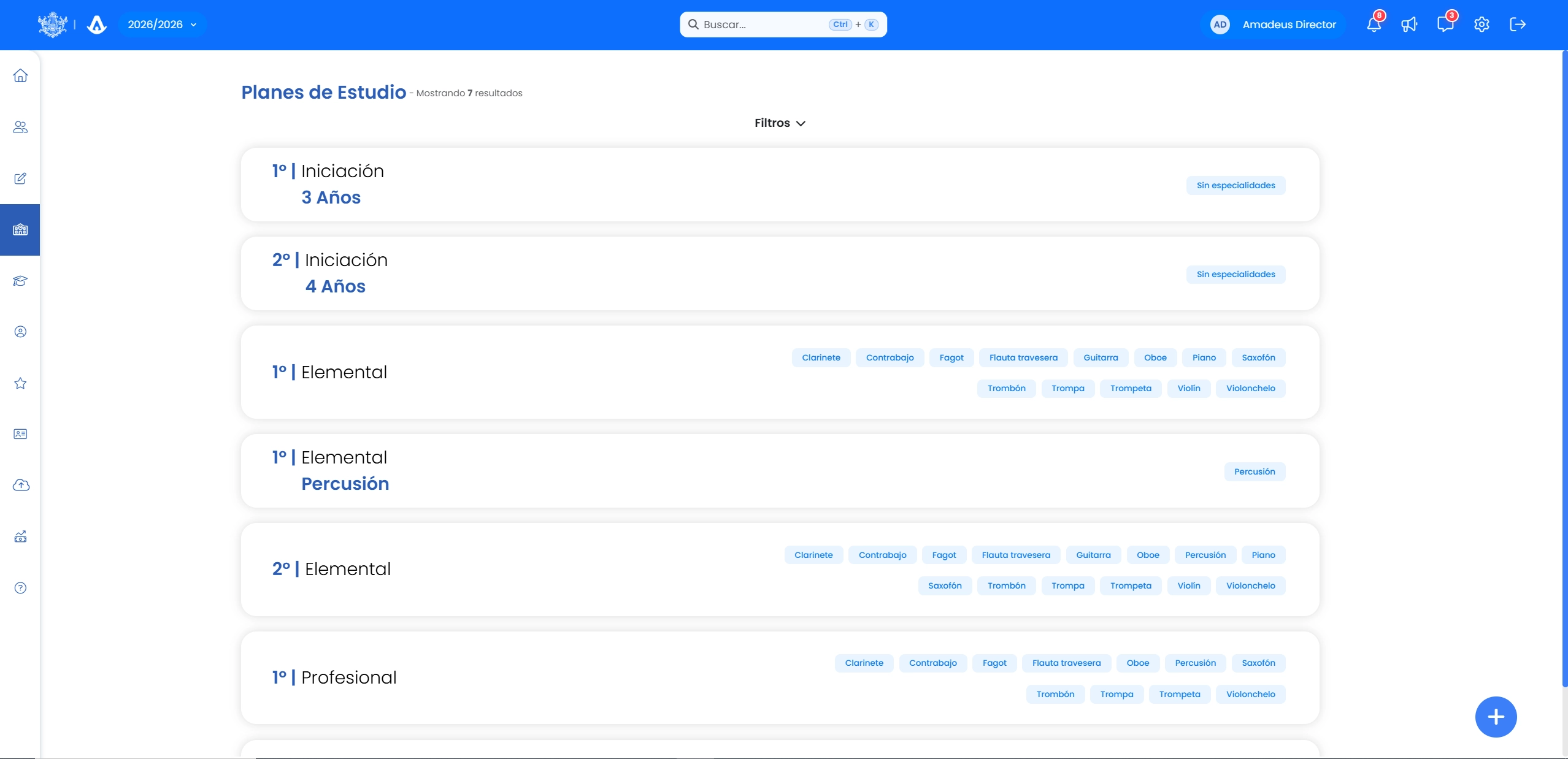 Configuración de la estructura de un plan de estudios en Amadeus con especialidades y asignaturas