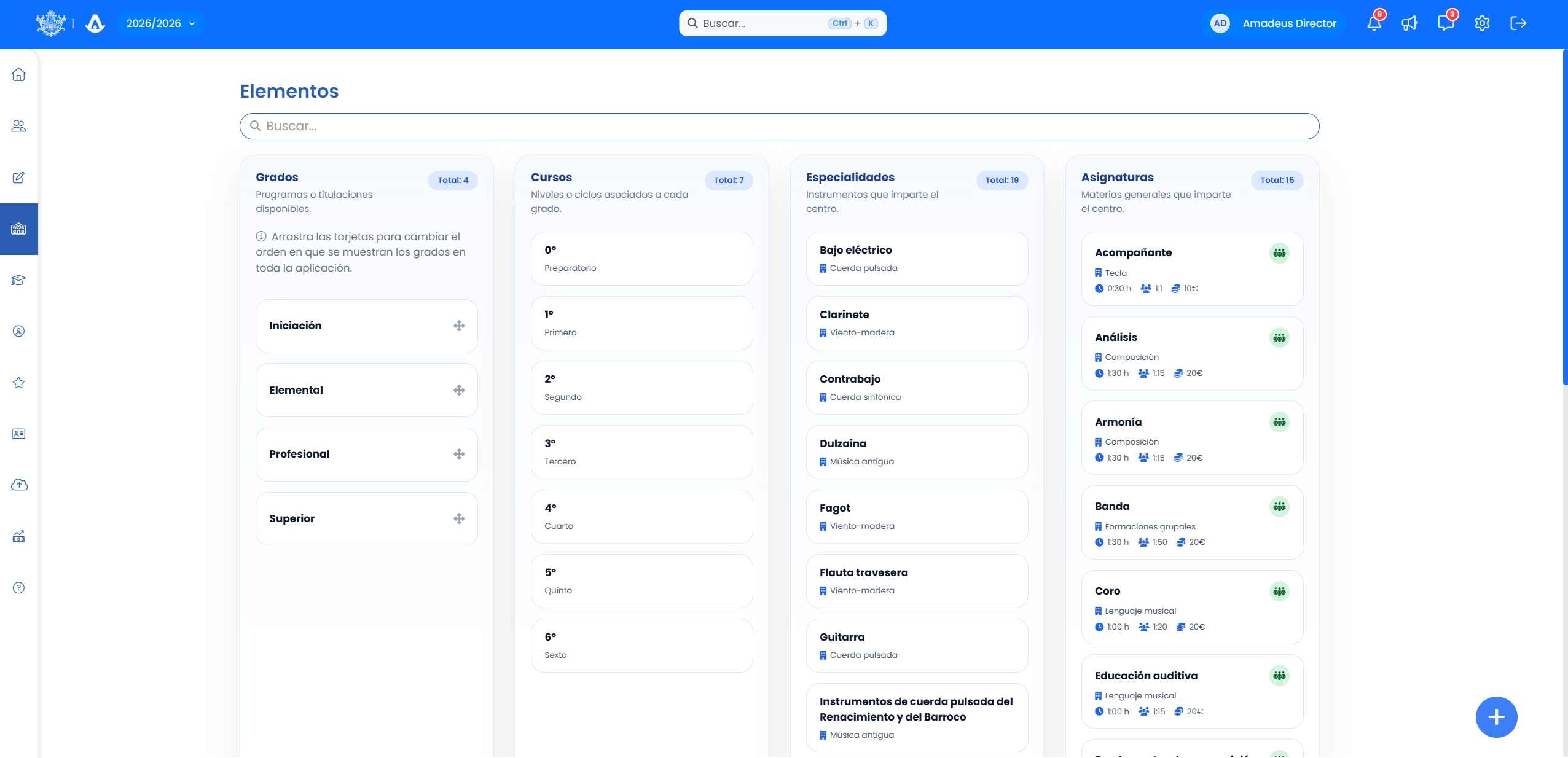 Catálogo de asignaturas del plan de estudios de Amadeus con detalles de configuración