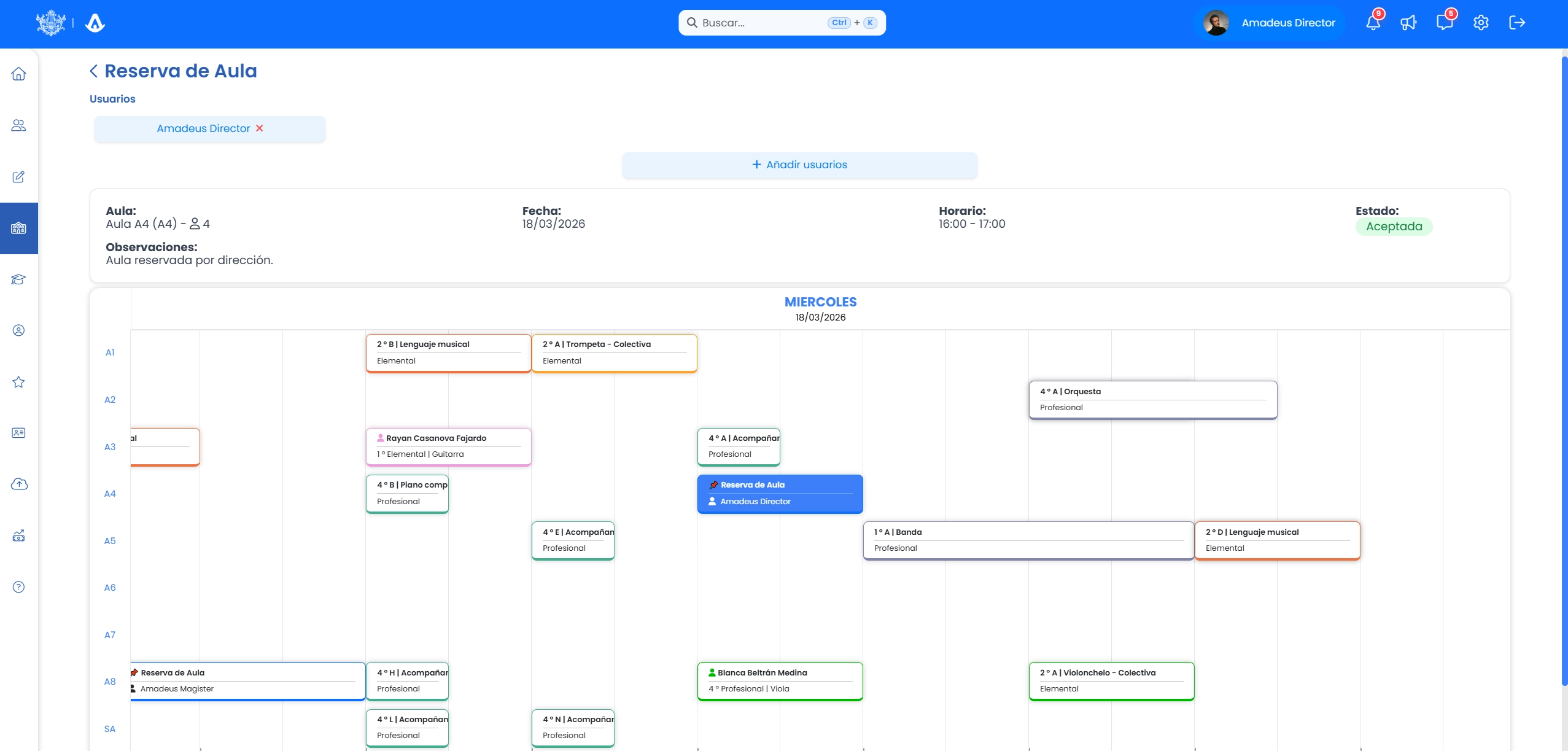 Calendario de reservas de aulas en Amadeus con disponibilidad por franja horaria