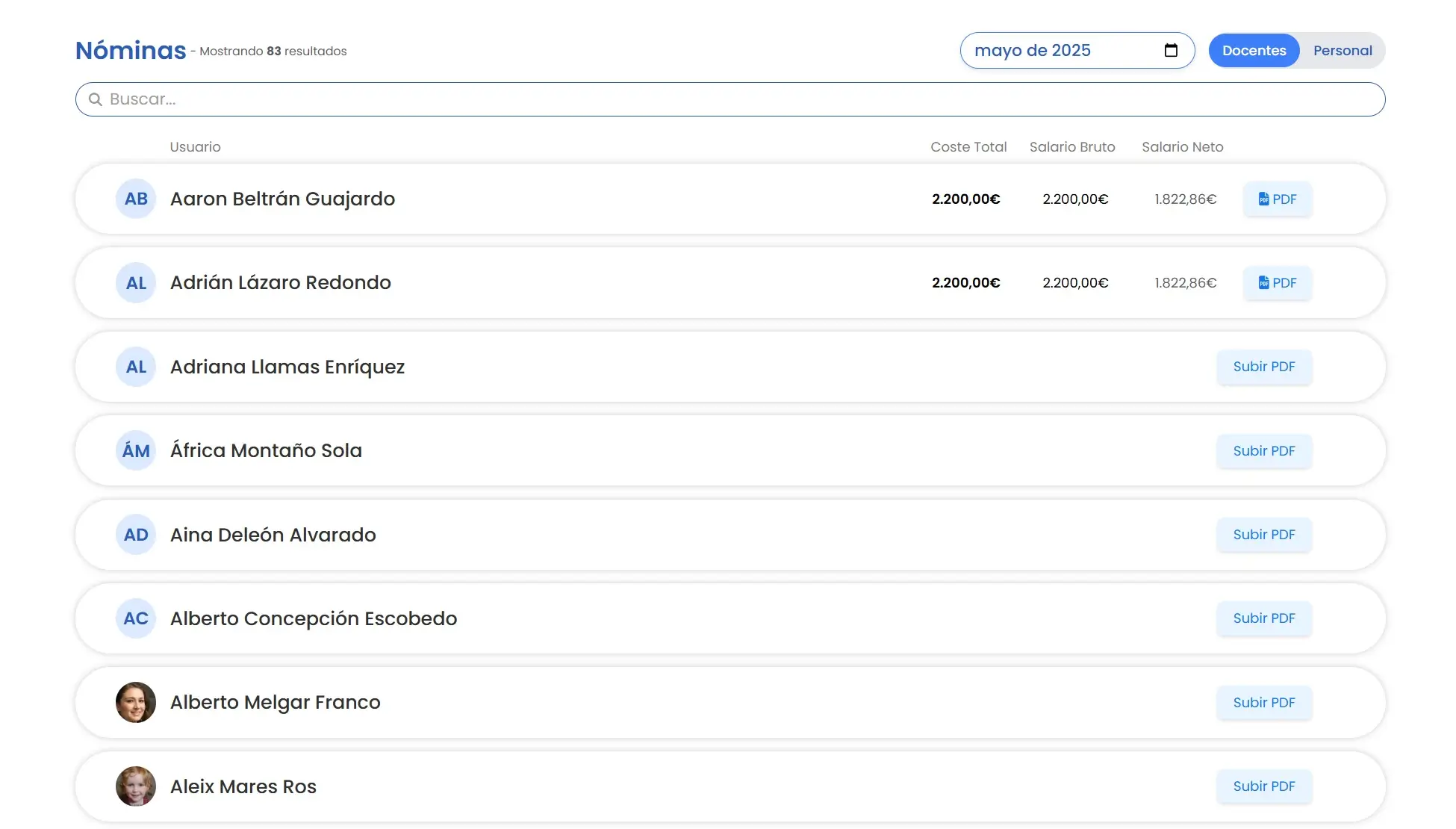 Panel de exportación de datos laborales en Amadeus con ficheros para la asesoría laboral